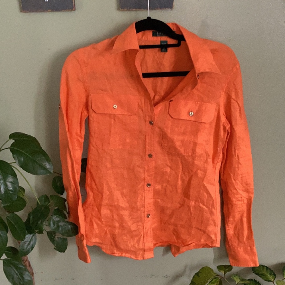 Ralph Lauren 100% linen orange button up XS #p3